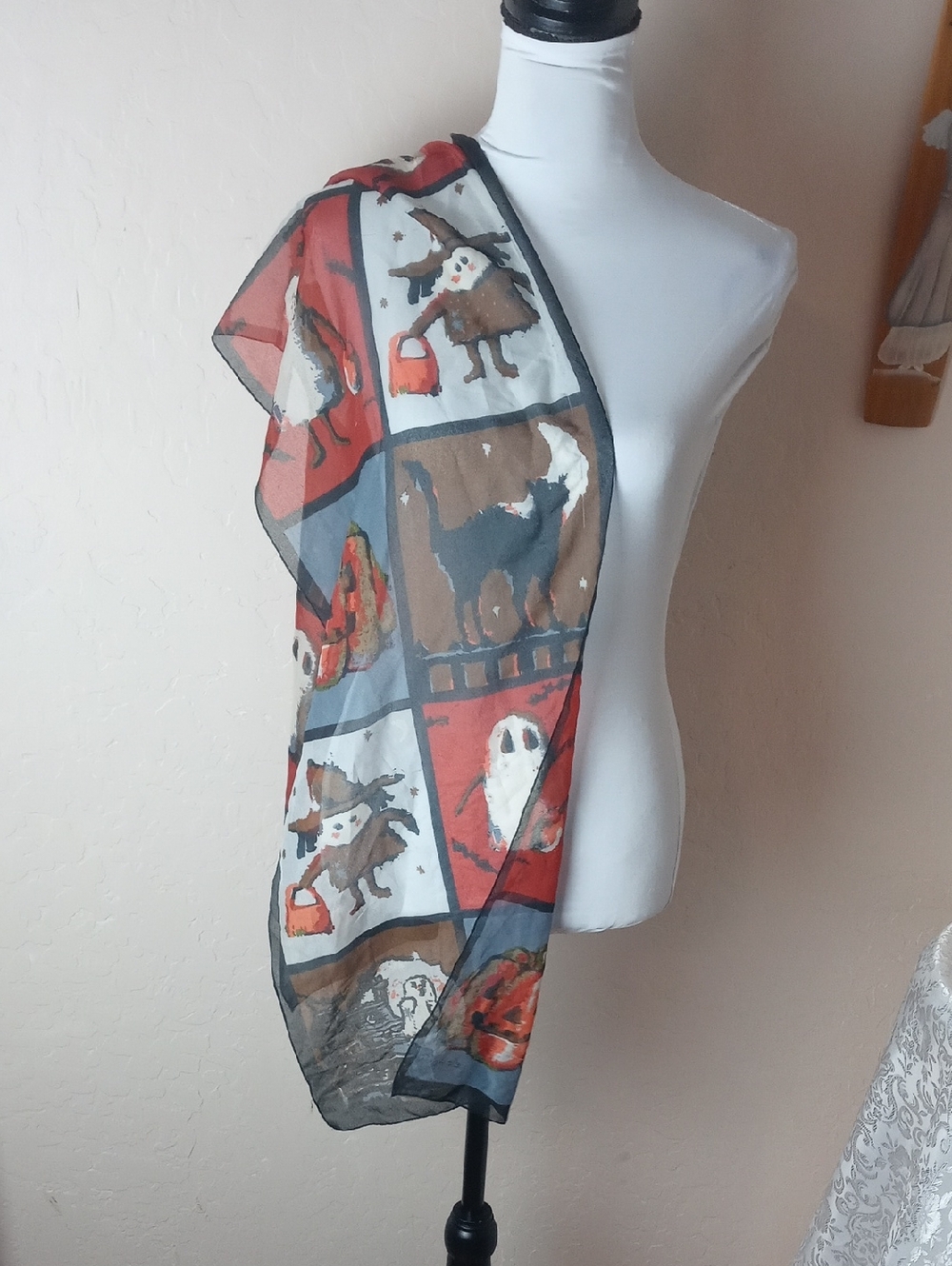 Echo Vintage Sheer Halloween Print Scarf in Red, Brown, Black